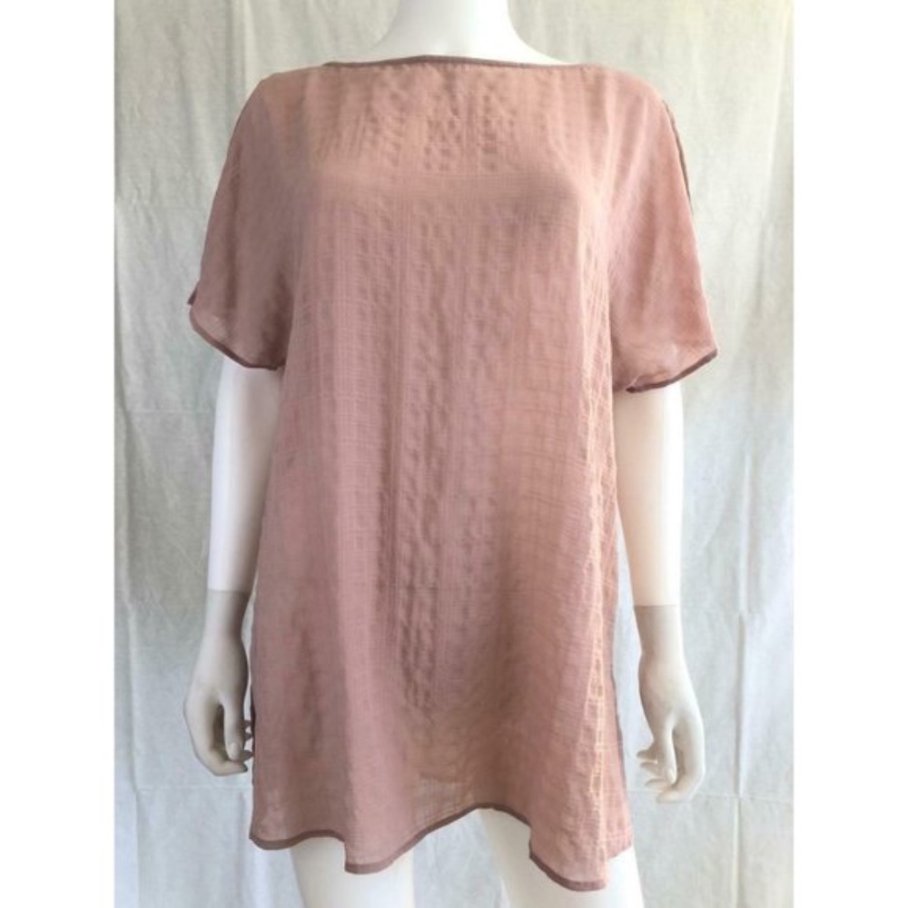 14 TH & Union Women's Blouse Top Pink Tunic Short Slit Sleeve Boat Neck Size L